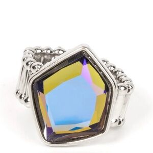 paparazzi Silver-Tone Ring with Iridescent Blue and Yellow Stone